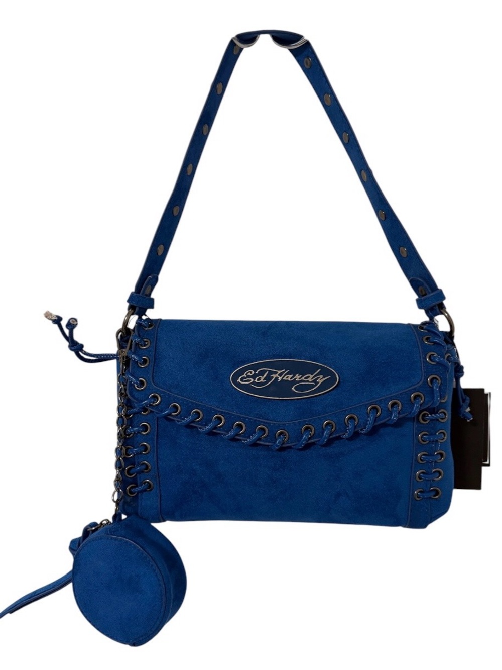 Ed Hardy Blue Suede Shoulder Bag with Accent Pouch NWT